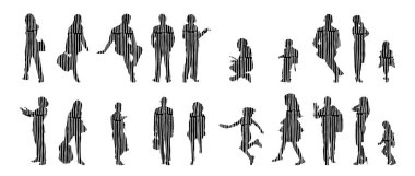 Vektör siluetleri, insanların ana hatları, Contour çizimleri, insanların siluetleri, ikon kümesi izole edilmiş, oturan insanların silueti, mimari set