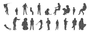 Vektör siluetleri, insanların ana hatları, Contour çizimleri, insanların siluetleri, ikon kümesi izole edilmiş, oturan insanların silueti, mimari set