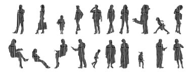 Vektör siluetleri, insanların ana hatları, Contour çizimleri, insanların siluetleri, ikon kümesi izole edilmiş, oturan insanların silueti, mimari set