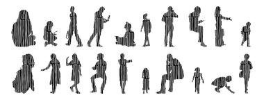 Vektör siluetleri, insanların ana hatları, Contour çizimleri, insanların siluetleri, ikon kümesi izole edilmiş, oturan insanların silueti, mimari set