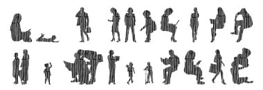 Vektör siluetleri, insanların ana hatları, Contour çizimleri, insanların siluetleri, ikon kümesi izole edilmiş, oturan insanların silueti, mimari set