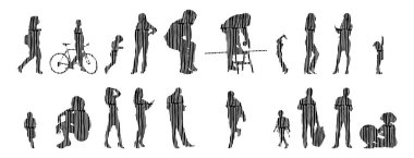 Vektör siluetleri, insanların ana hatları, Contour çizimleri, insanların siluetleri, ikon kümesi izole edilmiş, oturan insanların silueti, mimari set