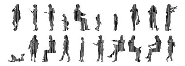 Vektör siluetleri, insanların ana hatları, Contour çizimleri, insanların siluetleri, ikon kümesi izole edilmiş, oturan insanların silueti, mimari set