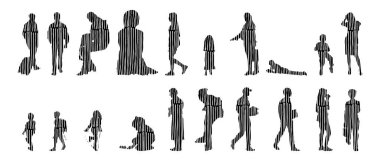 Vektör siluetleri, insanların ana hatları, Contour çizimleri, insanların siluetleri, ikon kümesi izole edilmiş, oturan insanların silueti, mimari set