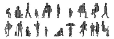 Vektör siluetleri, insanların ana hatları, Contour çizimleri, insanların siluetleri, ikon kümesi izole edilmiş, oturan insanların silueti, mimari set