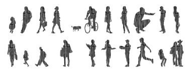 Vektör siluetleri, insanların ana hatları, Contour çizimleri, insanların siluetleri, ikon kümesi izole edilmiş, oturan insanların silueti, mimari set