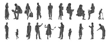 Vektör siluetleri, insanların ana hatları, Contour çizimleri, insanların siluetleri, ikon kümesi izole edilmiş, oturan insanların silueti, mimari set