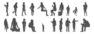 Vektör siluetleri, insanların ana hatları, Contour çizimleri, insanların siluetleri, ikon kümesi izole edilmiş, oturan insanların silueti, mimari set