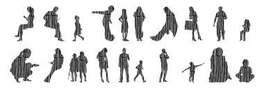 Vektör siluetleri, insanların ana hatları, Contour çizimleri, insanların siluetleri, ikon kümesi izole edilmiş, oturan insanların silueti, mimari set