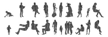 Vektör siluetleri, insanların ana hatları, Contour çizimleri, insanların siluetleri, ikon kümesi izole edilmiş, oturan insanların silueti, mimari set