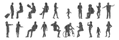 Vektör siluetleri, insanların ana hatları, Contour çizimleri, insanların siluetleri, ikon kümesi izole edilmiş, oturan insanların silueti, mimari set