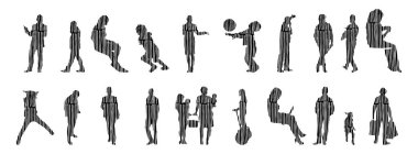 Vektör siluetleri, insanların ana hatları, Contour çizimleri, insanların siluetleri, ikon kümesi izole edilmiş, oturan insanların silueti, mimari set