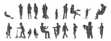 Vektör siluetleri, insanların ana hatları, Contour çizimleri, insanların siluetleri, ikon kümesi izole edilmiş, oturan insanların silueti, mimari set