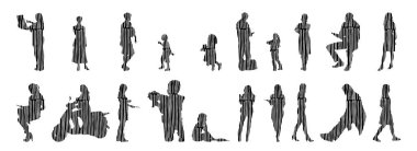 Vektör siluetleri, insanların ana hatları, Contour çizimleri, insanların siluetleri, ikon kümesi izole edilmiş, oturan insanların silueti, mimari set