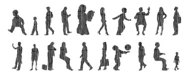 Vektör siluetleri, insanların ana hatları, Contour çizimleri, insanların siluetleri, ikon kümesi izole edilmiş, oturan insanların silueti, mimari set
