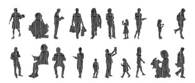 Vektör siluetleri, insanların ana hatları, Contour çizimleri, insanların siluetleri, ikon kümesi izole edilmiş, oturan insanların silueti, mimari set