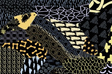 Soyut siyah darbeler, El, Vektör Deseni 'ni çizdi. Geometrik tarzda soyut arkaplan. Soyut çok renkli geometrik desen