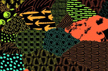 Soyut siyah darbeler, El, Vektör Deseni 'ni çizdi. Geometrik tarzda soyut arkaplan. Soyut çok renkli geometrik desen