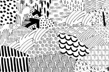 Soyut siyah darbeler, El, Vektör Deseni 'ni çizdi. Geometrik tarzda soyut arkaplan. Soyut çok renkli geometrik desen