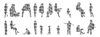 Vektör siluetleri, insanların ana hatları, Contour çizimleri, insanların siluetleri, ikon kümesi izole edilmiş, oturan insanların silueti, mimari set