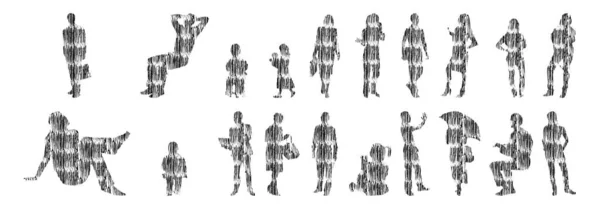 矢量轮廓 人的轮廓轮廓 线路图 人的轮廓 独立的图标集 在位人的轮廓 建筑集合 — 图库矢量图片