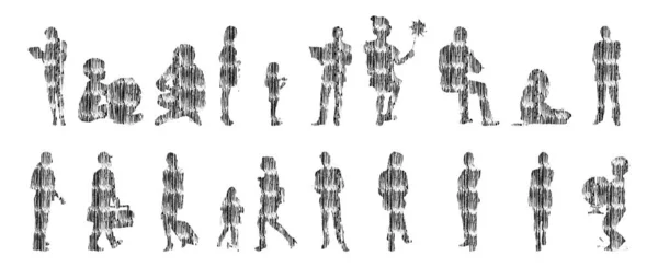 矢量轮廓 人的轮廓轮廓 线路图 人的轮廓 独立的图标集 在位人的轮廓 建筑集合 — 图库矢量图片