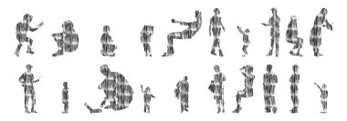 Vektör siluetleri, insanların ana hatları, Contour çizimleri, insanların siluetleri, ikon kümesi izole edilmiş, oturan insanların silueti, mimari set