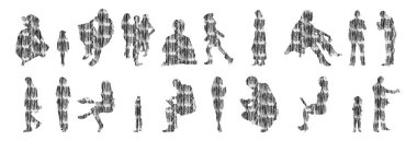 Vektör siluetleri, insanların ana hatları, Contour çizimleri, insanların siluetleri, ikon kümesi izole edilmiş, oturan insanların silueti, mimari set