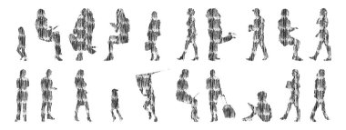 Vektör siluetleri, insanların ana hatları, Contour çizimleri, insanların siluetleri, ikon kümesi izole edilmiş, oturan insanların silueti, mimari set