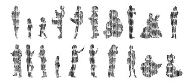 Vektör siluetleri, insanların ana hatları, Contour çizimleri, insanların siluetleri, ikon kümesi izole edilmiş, oturan insanların silueti, mimari set