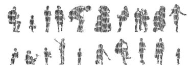 Vektör siluetleri, insanların ana hatları, Contour çizimleri, insanların siluetleri, ikon kümesi izole edilmiş, oturan insanların silueti, mimari set