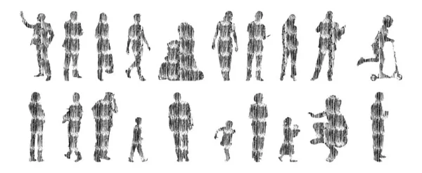 矢量轮廓 人的轮廓轮廓 线路图 人的轮廓 独立的图标集 在位人的轮廓 建筑集合 — 图库矢量图片