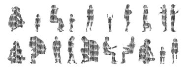 Vektör siluetleri, insanların ana hatları, Contour çizimleri, insanların siluetleri, ikon kümesi izole edilmiş, oturan insanların silueti, mimari set