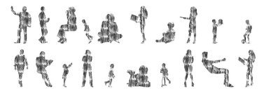 Vektör siluetleri, insanların ana hatları, Contour çizimleri, insanların siluetleri, ikon kümesi izole edilmiş, oturan insanların silueti, mimari set