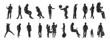 Vektör siluetleri, insanların ana hatları, Contour çizimleri, insanların siluetleri, ikon kümesi izole edilmiş, oturan insanların silueti, mimari set