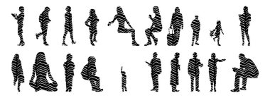 Vektör siluetleri, insanların ana hatları, Contour çizimleri, insanların siluetleri, ikon kümesi izole edilmiş, oturan insanların silueti, mimari set