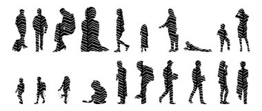 Vektör siluetleri, insanların ana hatları, Contour çizimleri, insanların siluetleri, ikon kümesi izole edilmiş, oturan insanların silueti, mimari set