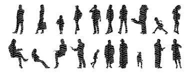 Vektör siluetleri, insanların ana hatları, Contour çizimleri, insanların siluetleri, ikon kümesi izole edilmiş, oturan insanların silueti, mimari set