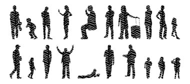 Vektör siluetleri, insanların ana hatları, Contour çizimleri, insanların siluetleri, ikon kümesi izole edilmiş, oturan insanların silueti, mimari set