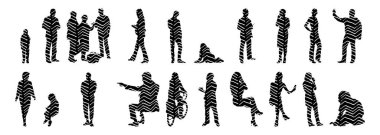 Vektör siluetleri, insanların ana hatları, Contour çizimleri, insanların siluetleri, ikon kümesi izole edilmiş, oturan insanların silueti, mimari set