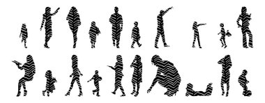 Vektör siluetleri, insanların ana hatları, Contour çizimleri, insanların siluetleri, ikon kümesi izole edilmiş, oturan insanların silueti, mimari set