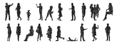 Vektör siluetleri, insanların ana hatları, Contour çizimleri, insanların siluetleri, ikon kümesi izole edilmiş, oturan insanların silueti, mimari set