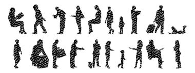 Vektör siluetleri, insanların ana hatları, Contour çizimleri, insanların siluetleri, ikon kümesi izole edilmiş, oturan insanların silueti, mimari set