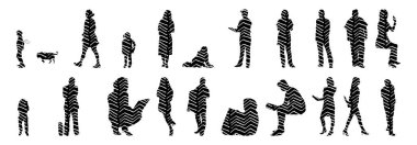 Vektör siluetleri, insanların ana hatları, Contour çizimleri, insanların siluetleri, ikon kümesi izole edilmiş, oturan insanların silueti, mimari set