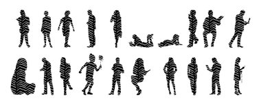 Vektör siluetleri, insanların ana hatları, Contour çizimleri, insanların siluetleri, ikon kümesi izole edilmiş, oturan insanların silueti, mimari set