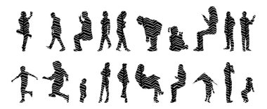 Vektör siluetleri, insanların ana hatları, Contour çizimleri, insanların siluetleri, ikon kümesi izole edilmiş, oturan insanların silueti, mimari set