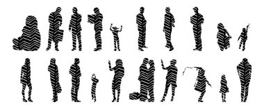 Vektör siluetleri, insanların ana hatları, Contour çizimleri, insanların siluetleri, ikon kümesi izole edilmiş, oturan insanların silueti, mimari set