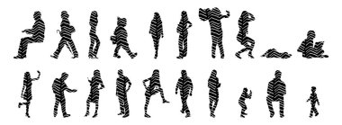 Vektör siluetleri, insanların ana hatları, Contour çizimleri, insanların siluetleri, ikon kümesi izole edilmiş, oturan insanların silueti, mimari set