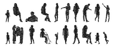 Vektör siluetleri, insanların ana hatları, Contour çizimleri, insanların siluetleri, ikon kümesi izole edilmiş, oturan insanların silueti, mimari set