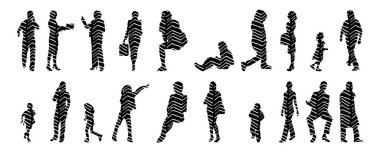 Vektör siluetleri, insanların ana hatları, Contour çizimleri, insanların siluetleri, ikon kümesi izole edilmiş, oturan insanların silueti, mimari set